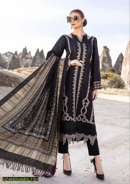 3 Pcs Women's Unstitched Dhanak Embroidered Suit