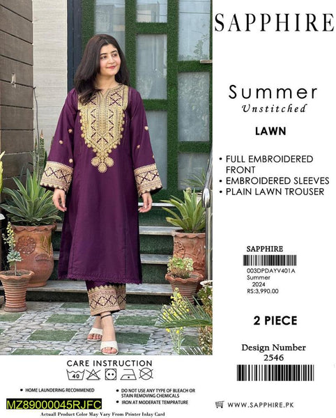 2 Pcs Women's Unstitched Lawn Embroidered Suit