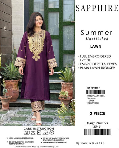 2 Pcs Women's Unstitched Lawn Embroidered Suit