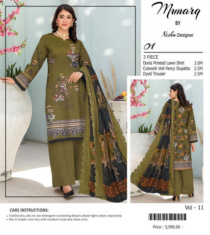 3 Pcs Women's Unstitched Lawn Embroidered Suit